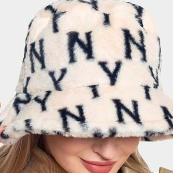 NY Patterned Beige Faux Fur Bucket Hat NWT - Picture 3 of 7